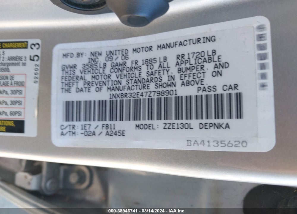 2007 TOYOTA COROLLA LE VIN: 1NXBR32E47Z798901