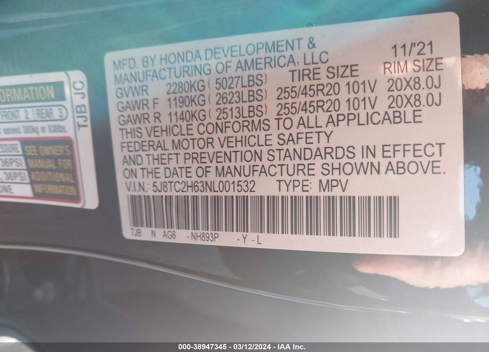 2022 ACURA RDX A-SPEC PACKAGE VIN: 5J8TC2H63NL001532