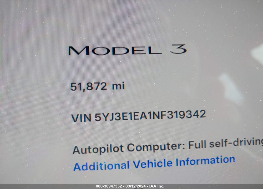 2022 TESLA MODEL 3 REAR-WHEEL DRIVE VIN: 5YJ3E1EA1NF319342
