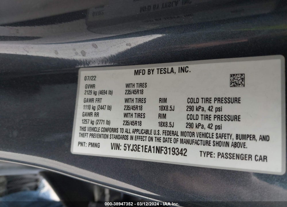 2022 TESLA MODEL 3 REAR-WHEEL DRIVE VIN: 5YJ3E1EA1NF319342