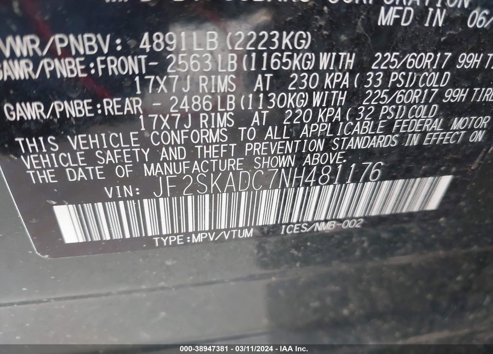 2022 SUBARU FORESTER PREMIUM VIN: JF2SKADC7NH481176