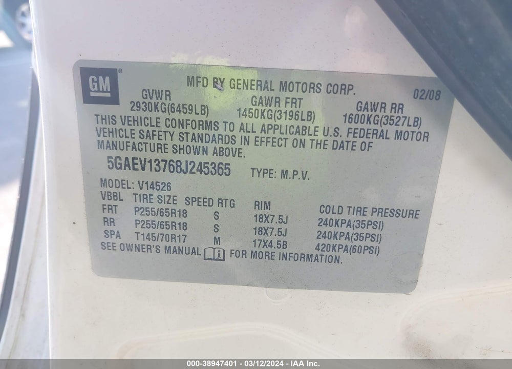 2008 BUICK ENCLAVE CX VIN: 5GAEV13768J245365