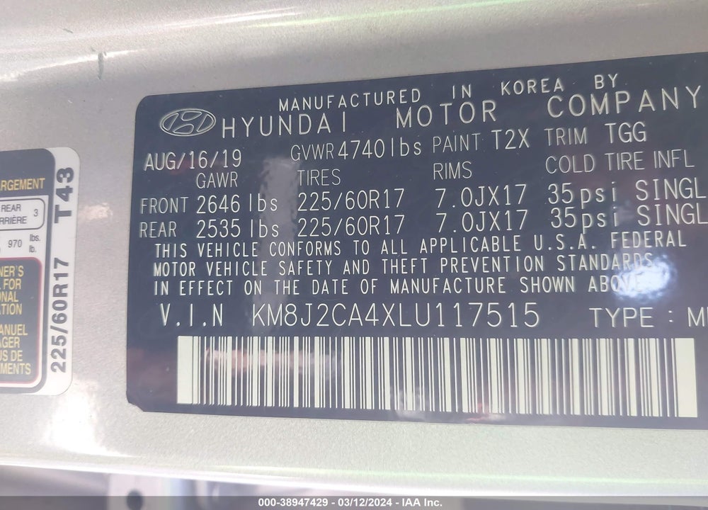 2020 HYUNDAI TUCSON SE VIN: KM8J2CA4XLU117515