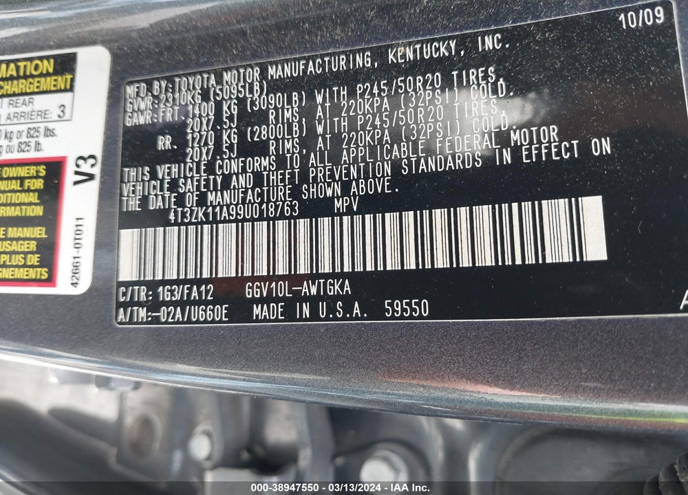 2009 TOYOTA VENZA BASE V6 VIN: 4T3ZK11A99U018763