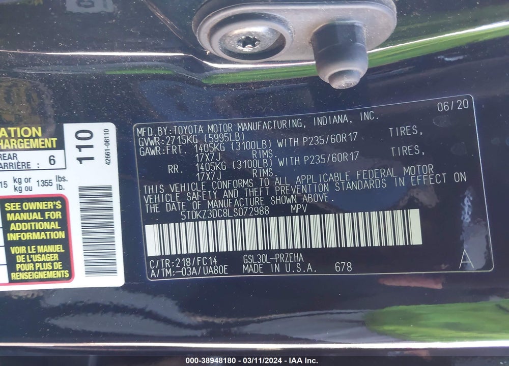 2020 TOYOTA SIENNA LE VIN: 5TDKZ3DC8LS072988