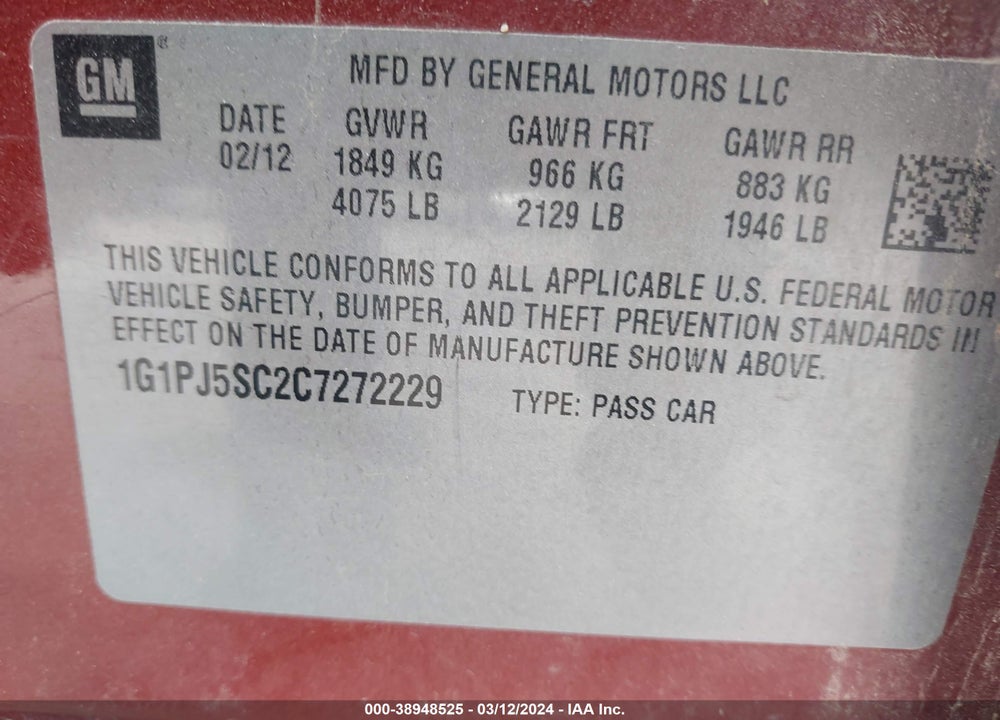 2012 CHEVROLET CRUZE ECO VIN: 1G1PJ5SC2C7272229