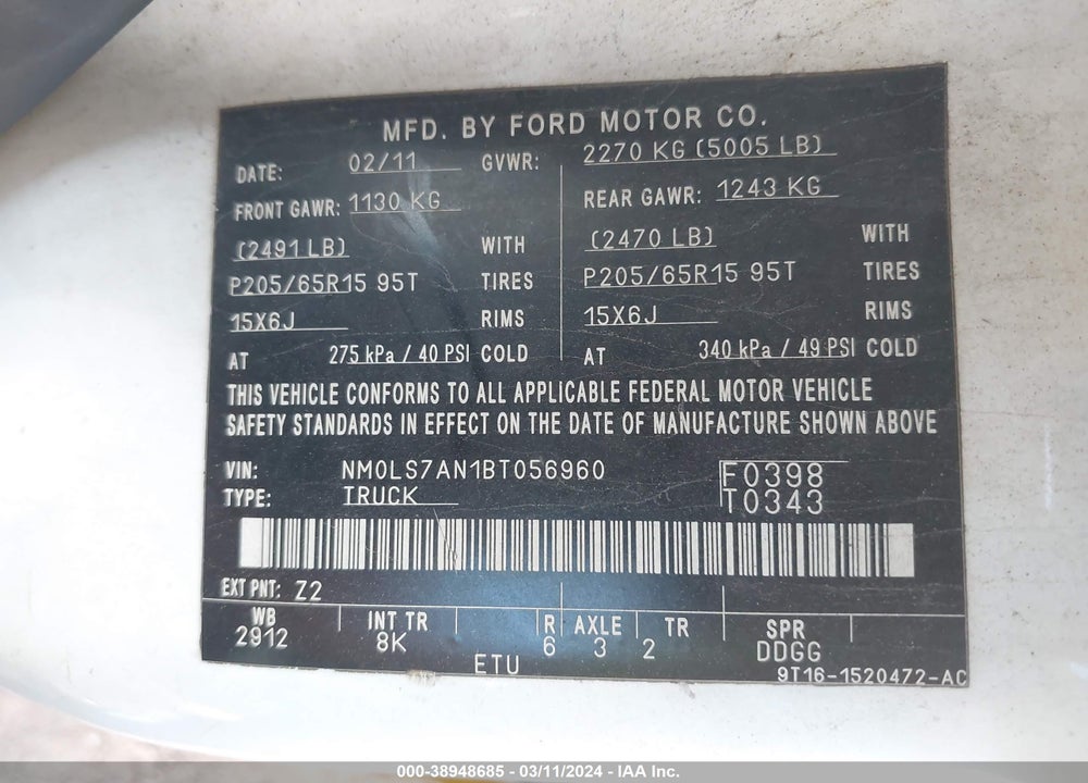 2011 FORD TRANSIT CONNECT XL VIN: NM0LS7AN1BT056960