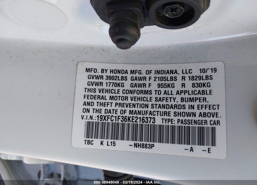 2019 HONDA CIVIC EX VIN: 19XFC1F36KE216373