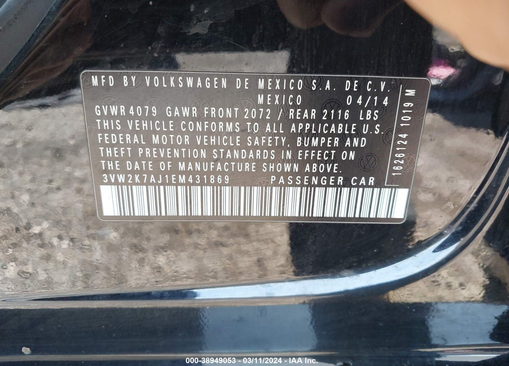 2014 VOLKSWAGEN JETTA 2.0L S VIN: 3VW2K7AJ1EM431869