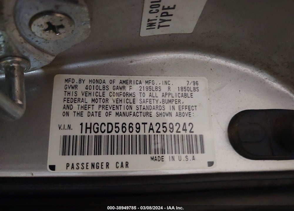 1996 HONDA ACCORD EX VIN: 1HGCD5669TA259242