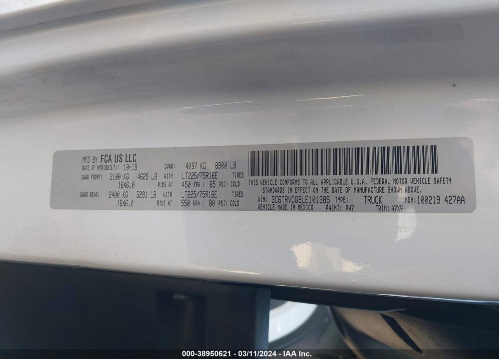 2020 RAM PROMASTER 2500 HIGH ROOF 159 WB VIN: 3C6TRVDG9LE101385