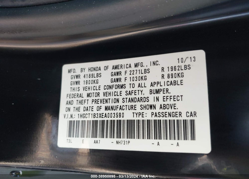 2014 HONDA ACCORD LX-S VIN: 1HGCT1B3XEA003590