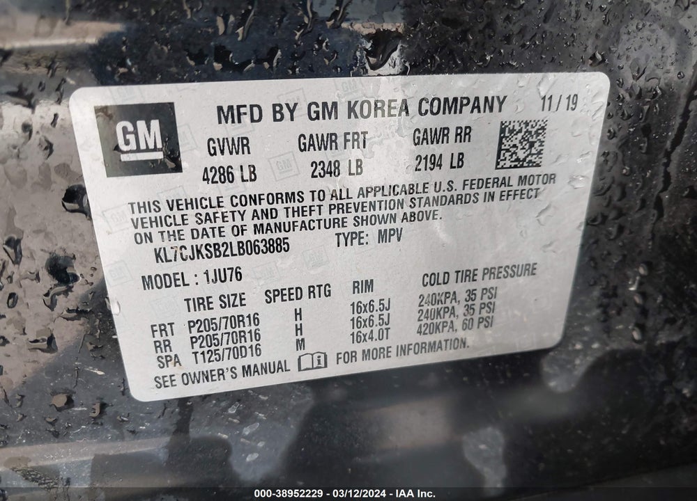 2020 CHEVROLET TRAX FWD LS VIN: KL7CJKSB2LB063885