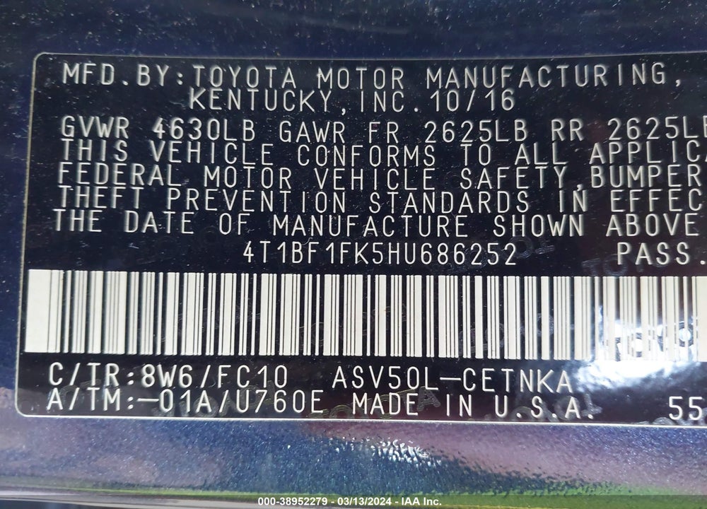 2017 TOYOTA CAMRY LE VIN: 4T1BF1FK5HU686252