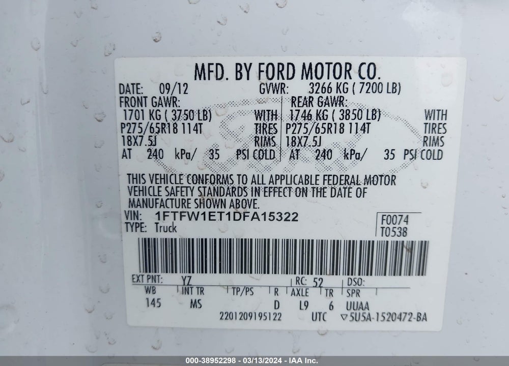 2013 FORD F-150 XLT VIN: 1FTFW1ET1DFA15322