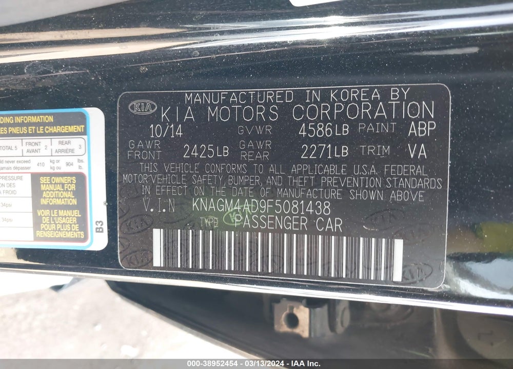 2015 KIA OPTIMA HYBRID VIN: KNAGM4AD9F5081438