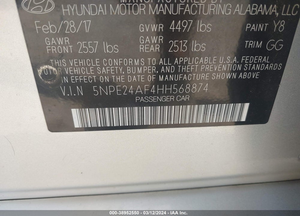 2017 HYUNDAI SONATA VIN: 5NPE24AF4HH568874