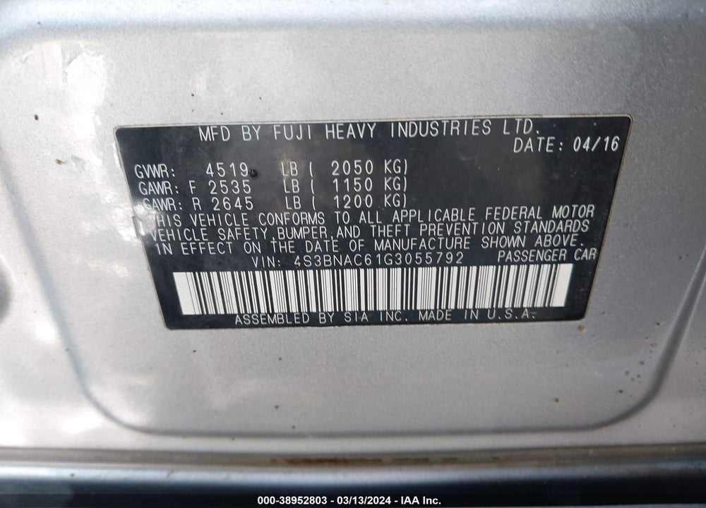 2016 SUBARU LEGACY 2.5I PREMIUM VIN: 4S3BNAC61G3055792