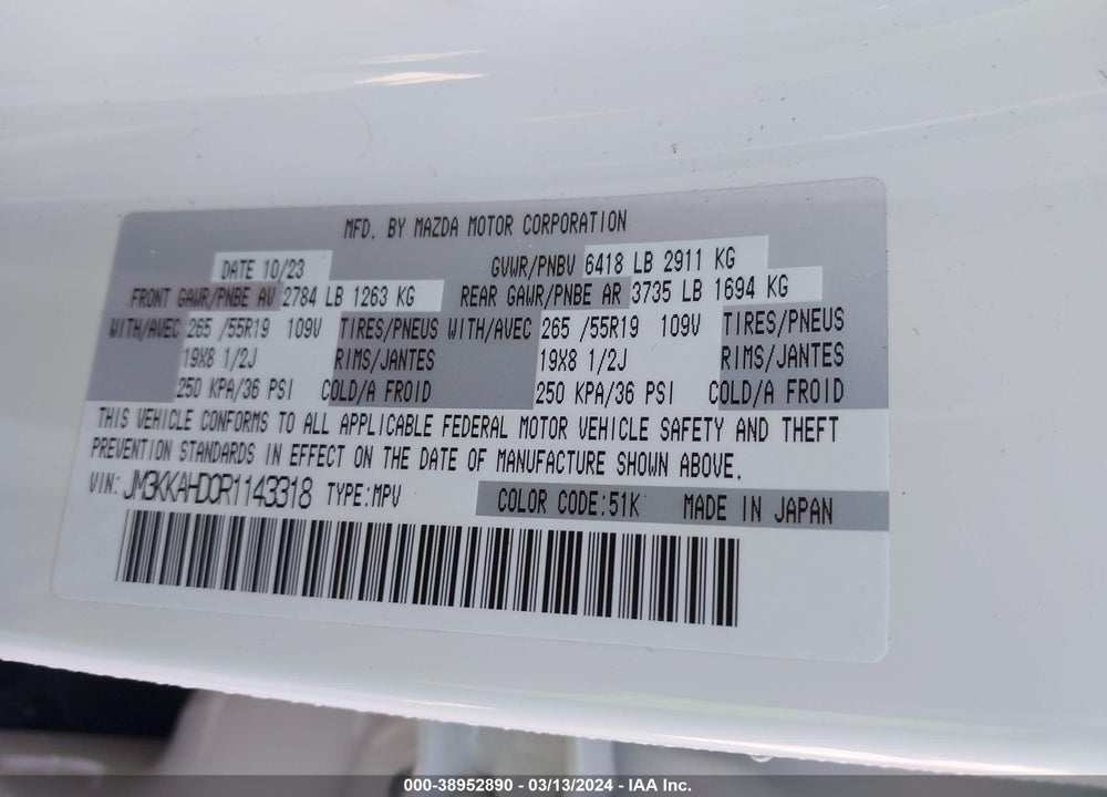 2024 MAZDA CX-90 3.3 TURBO SELECT VIN: JM3KKAHD0R1143318
