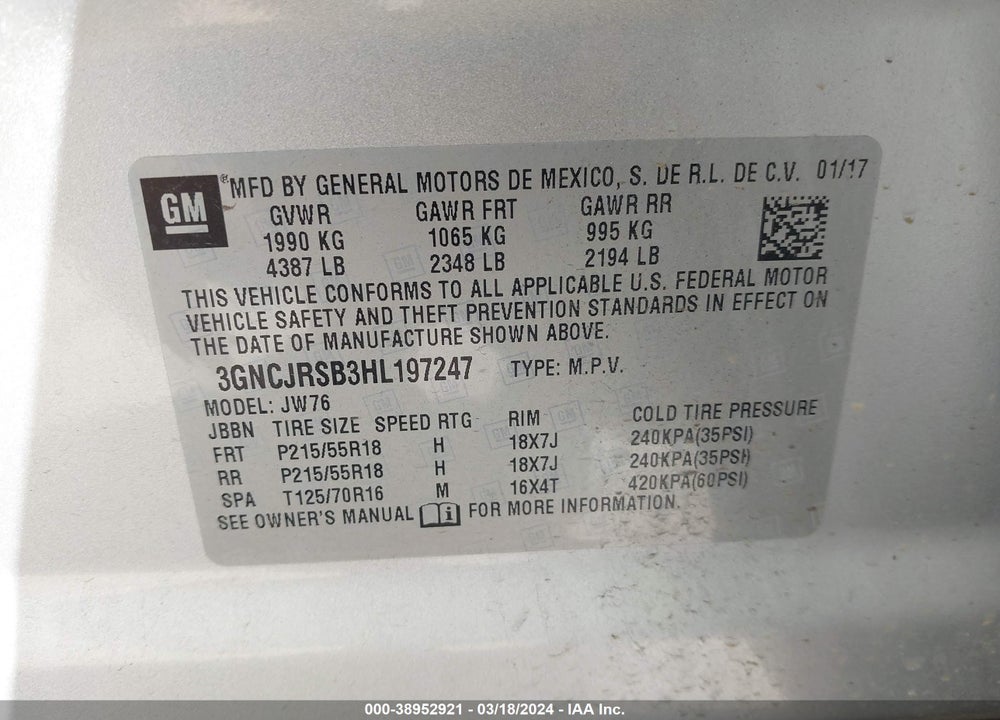 2017 CHEVROLET TRAX PREMIER VIN: 3GNCJRSB3HL197247