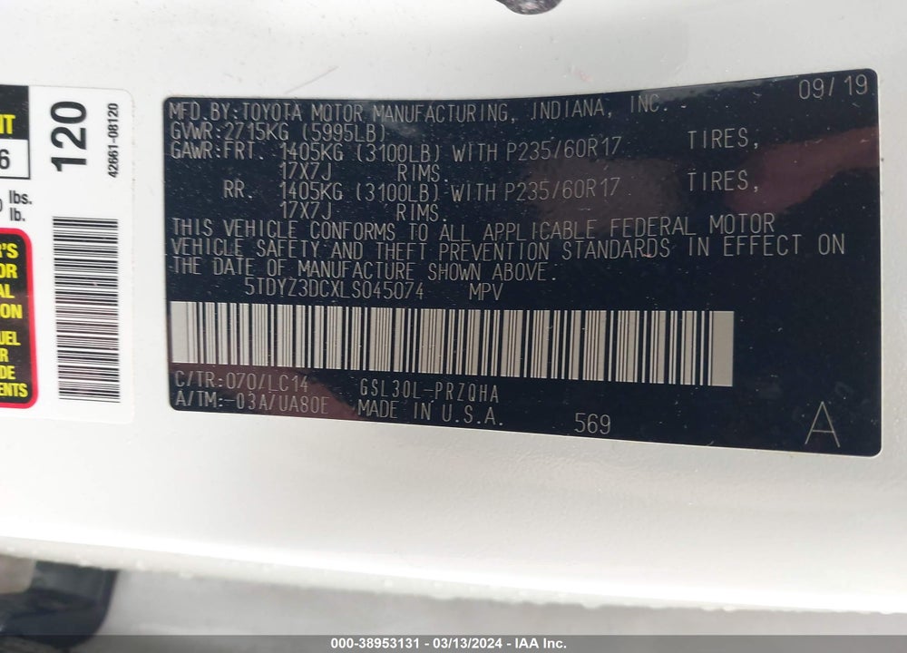 2020 TOYOTA SIENNA XLE VIN: 5TDYZ3DCXLS045074