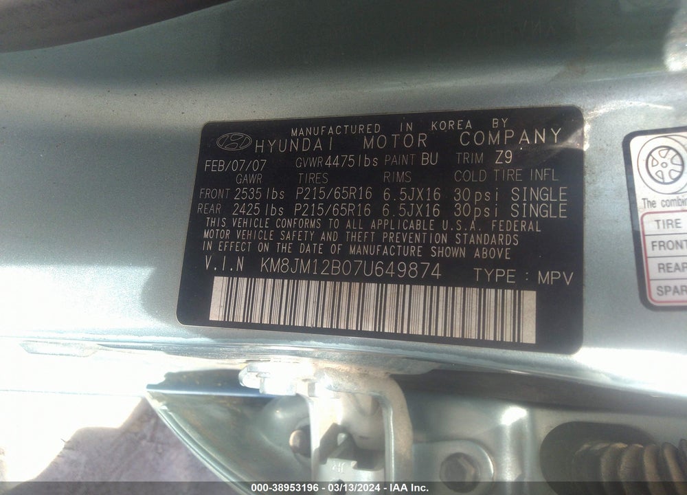 2007 HYUNDAI TUCSON GLS VIN: KM8JM12B07U649874