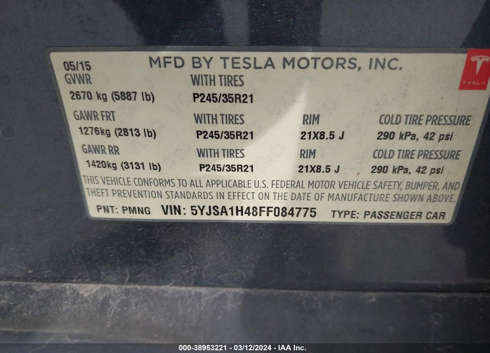2015 TESLA MODEL S 85D/P85D VIN: 5YJSA1H48FF084775