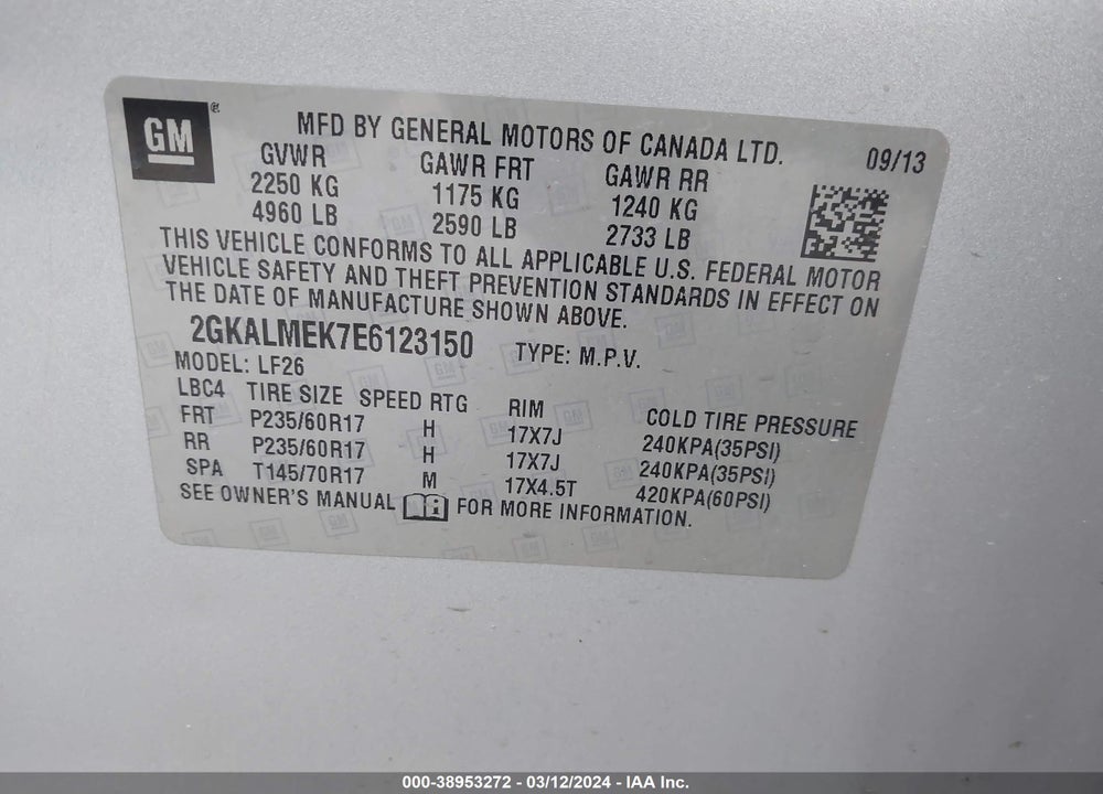 2014 GMC TERRAIN SLE-1 VIN: 2GKALMEK7E6123150