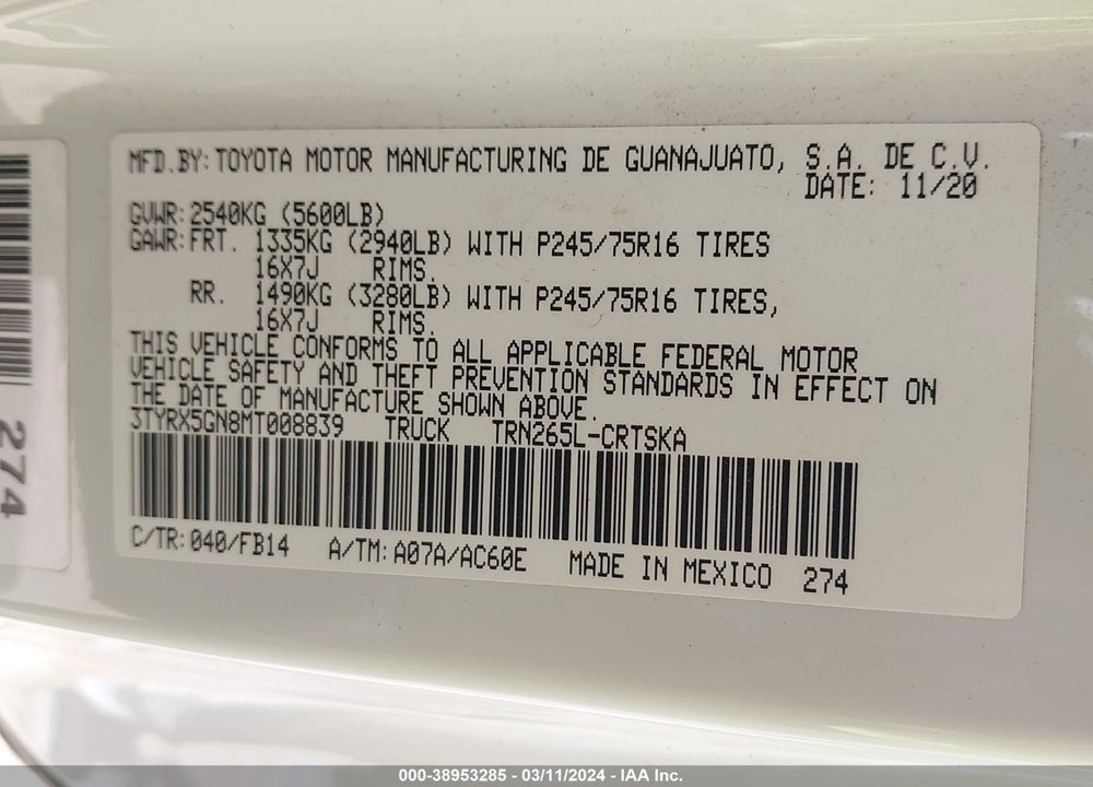 2021 TOYOTA TACOMA SR VIN: 3TYRX5GN8MT008839