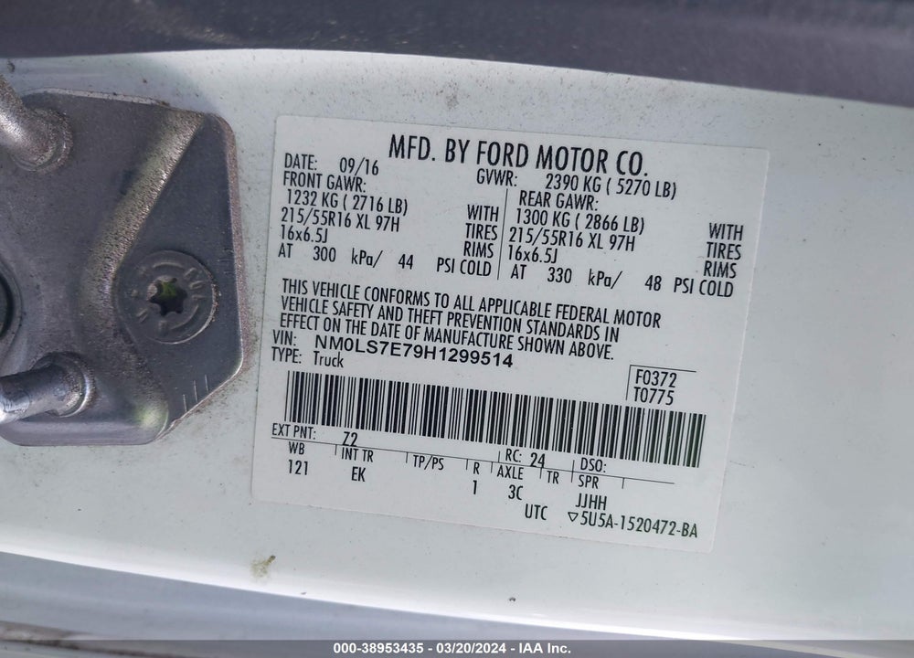 2017 FORD TRANSIT CONNECT XL VIN: NM0LS7E79H1299514
