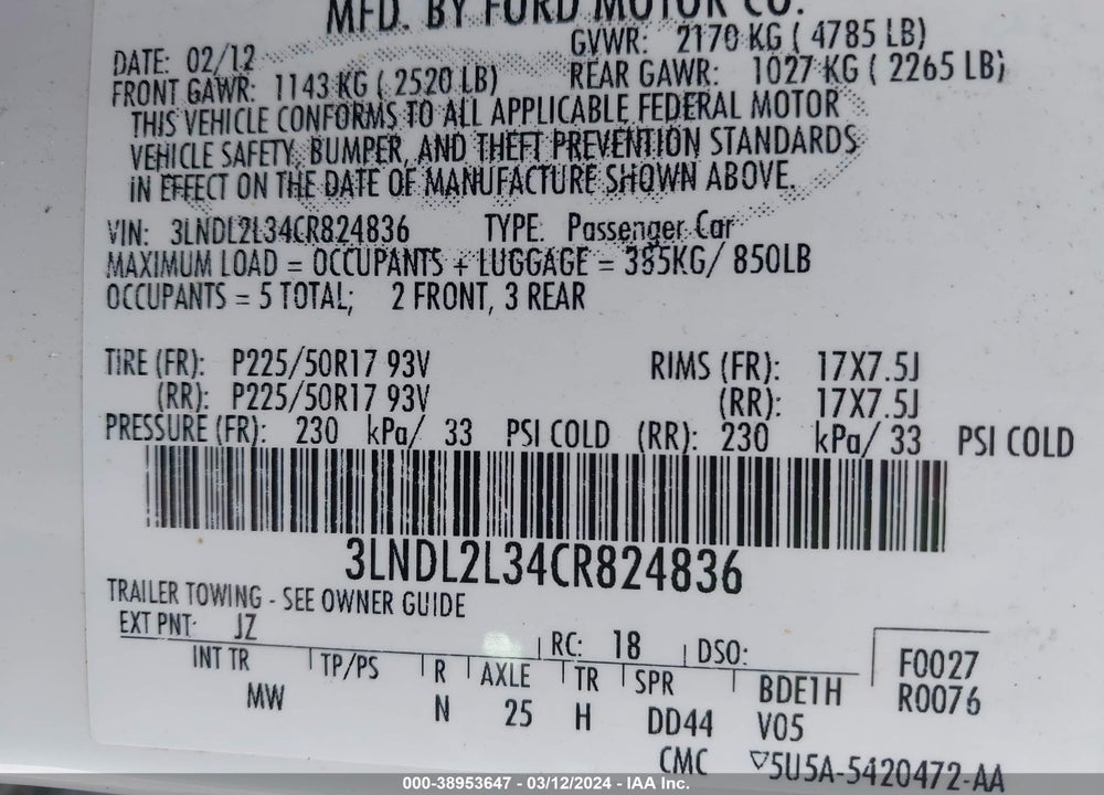 2012 LINCOLN MKZ HYBRID VIN: 3LNDL2L34CR824836