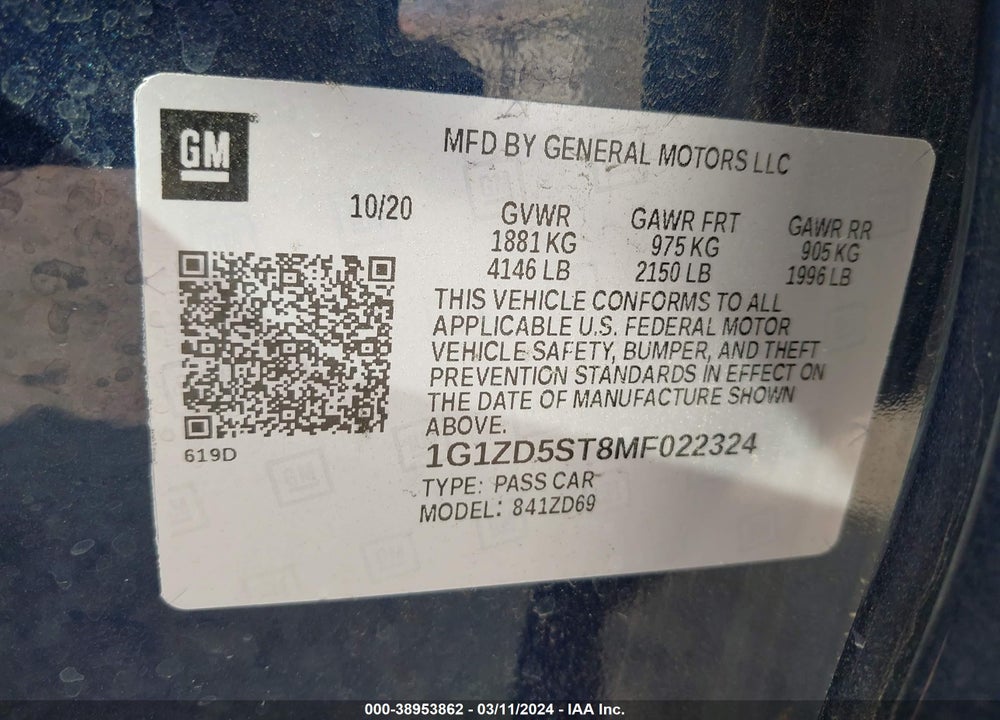 2021 CHEVROLET MALIBU FWD LT VIN: 1G1ZD5ST8MF022324