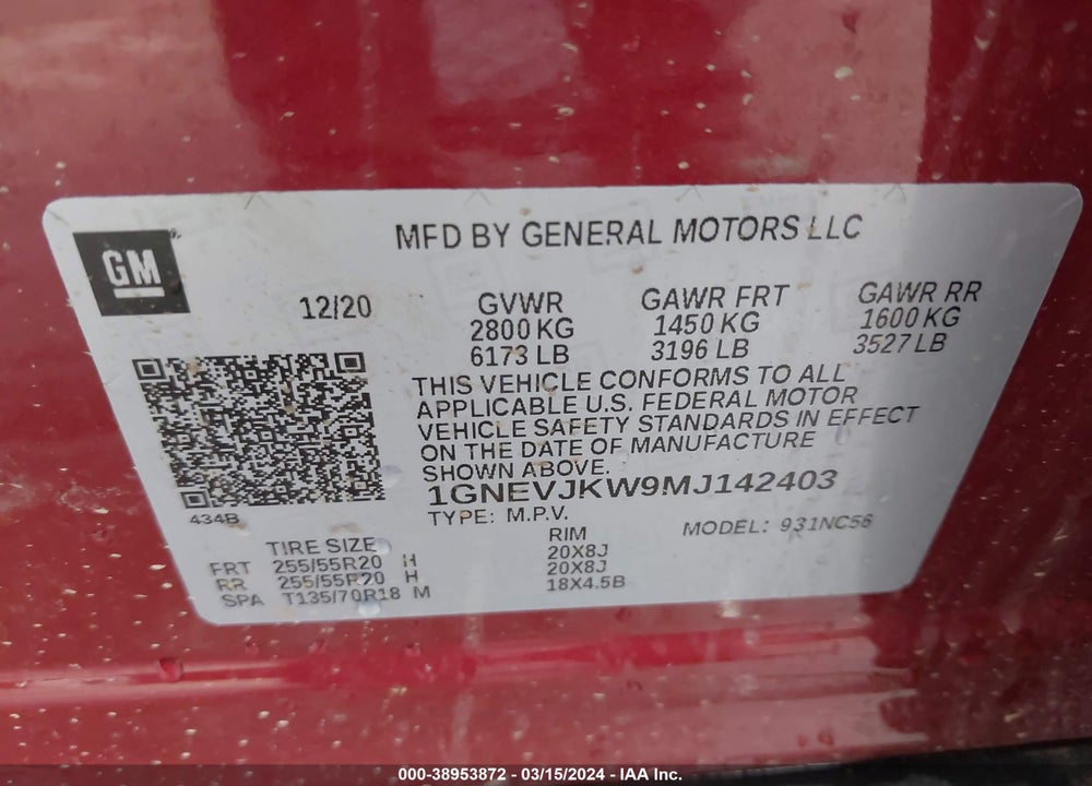 2021 CHEVROLET TRAVERSE VIN: 1GNEVJKW9MJ142403