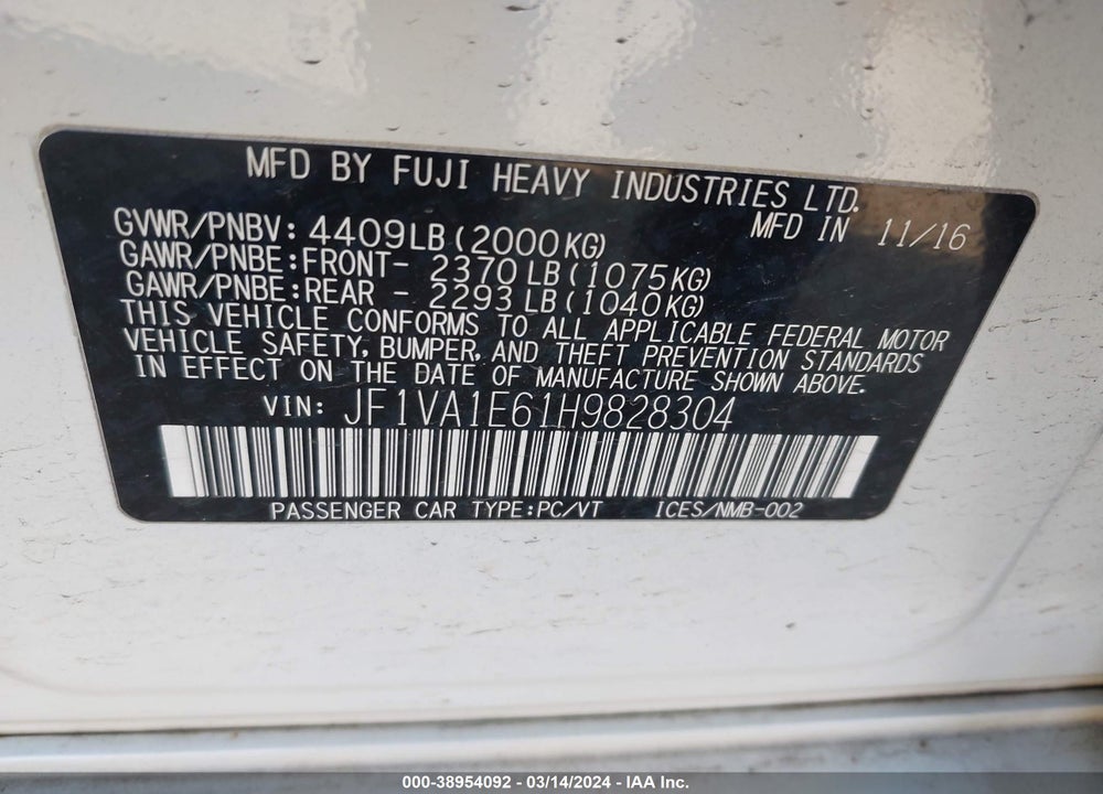 2017 SUBARU WRX PREMIUM VIN: JF1VA1E61H9828304