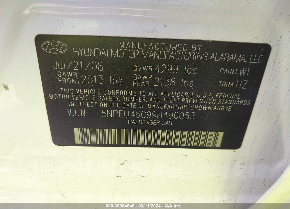 2009 HYUNDAI SONATA SE VIN: 5NPEU46C99H490053