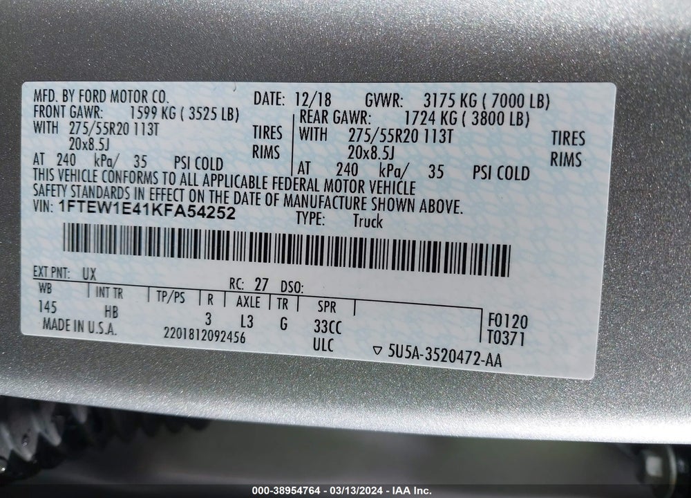 2019 FORD F-150 LARIAT VIN: 1FTEW1E41KFA54252