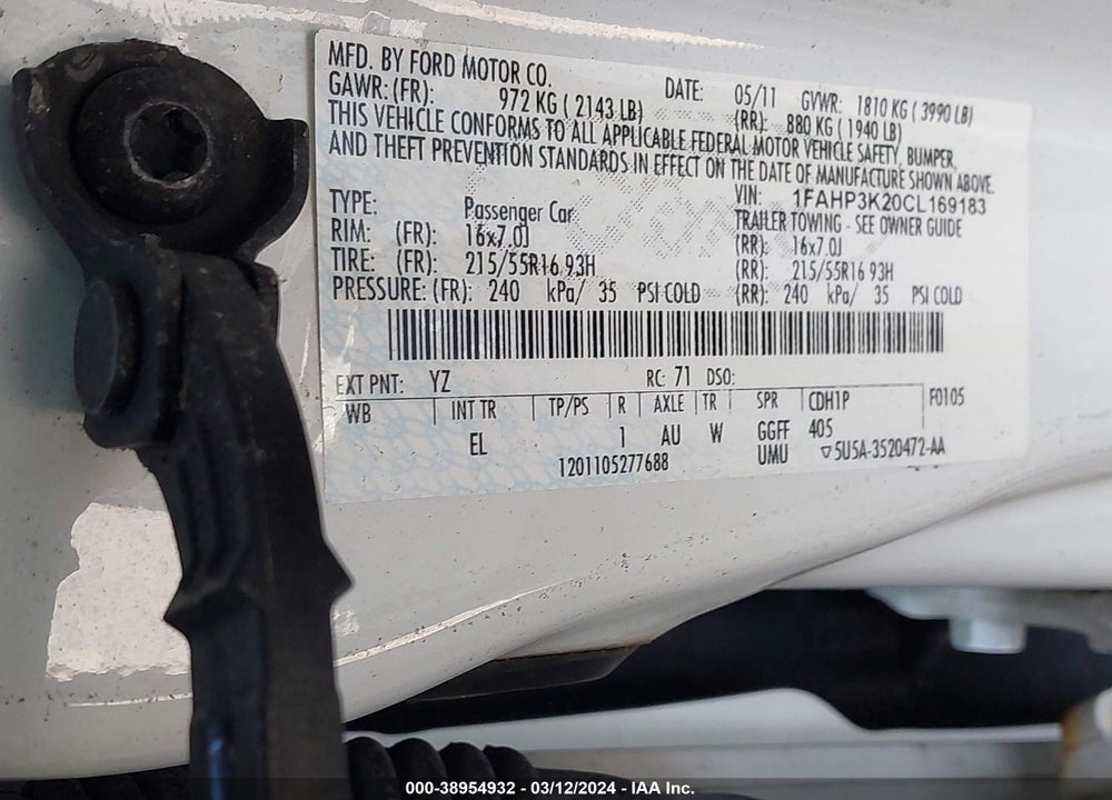 2012 FORD FOCUS VIN: 1FAHP3K20CL169183