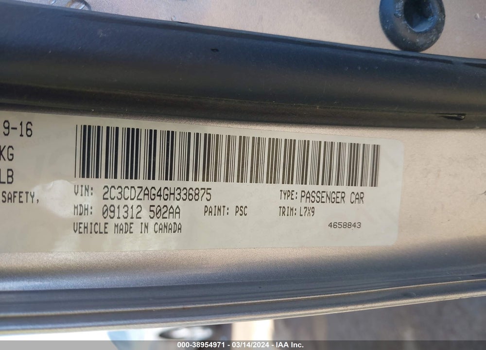 2016 DODGE CHALLENGER SXT VIN: 2C3CDZAG4GH336875