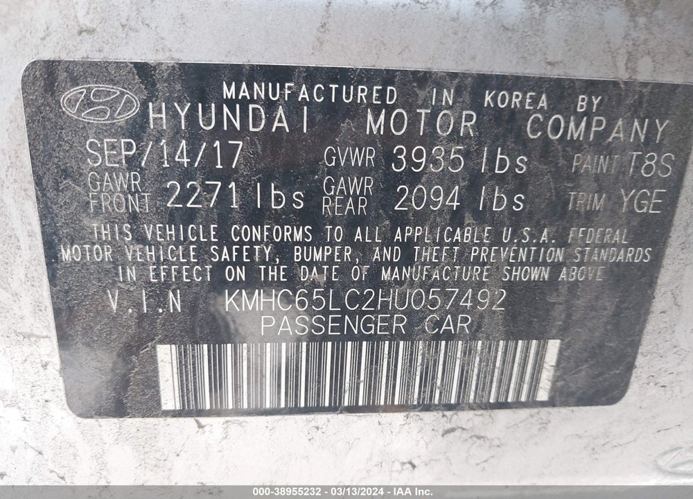 2017 HYUNDAI IONIQ HYBRID BLUE VIN: KMHC65LC2HU057492
