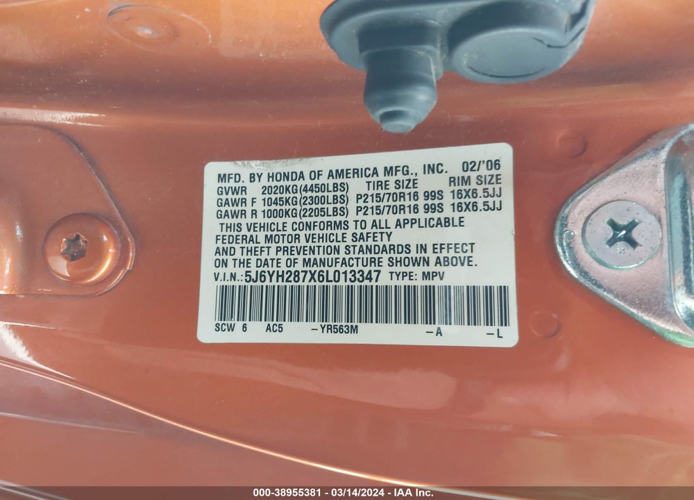 2006 HONDA ELEMENT EX-P VIN: 5J6YH287X6L013347