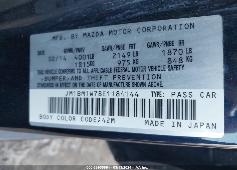 2014 MAZDA 3 I GRAND TOURING VIN: JM1BM1W78E1184144
