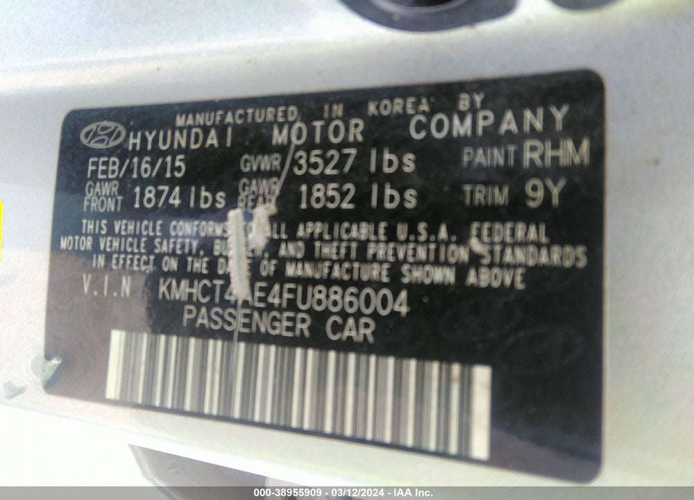 2015 HYUNDAI ACCENT GLS VIN: KMHCT4AE4FU886004