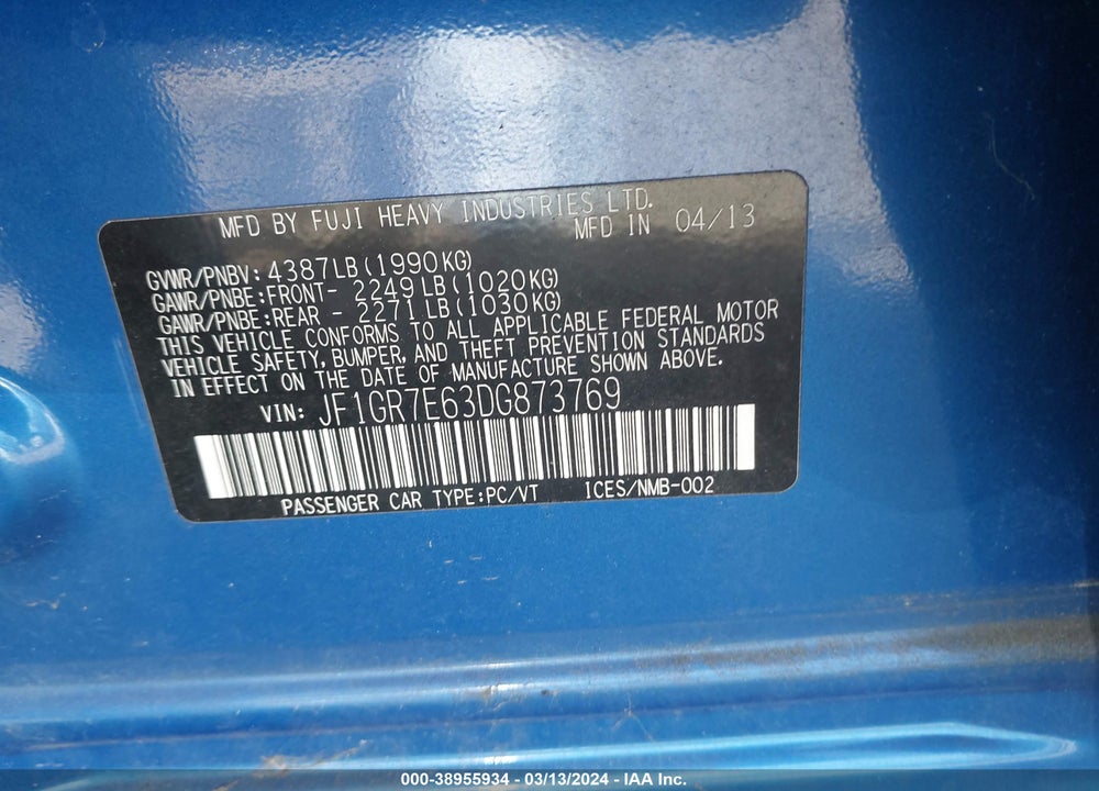2013 SUBARU IMPREZA WRX VIN: JF1GR7E63DG873769