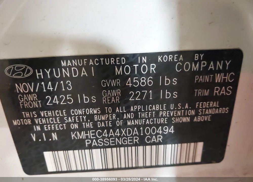 2013 HYUNDAI SONATA HYBRID LIMITED VIN: KMHEC4A4XDA100494