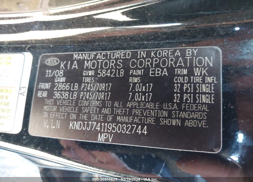 2009 KIA BORREGO LX VIN: KNDJJ741195032744