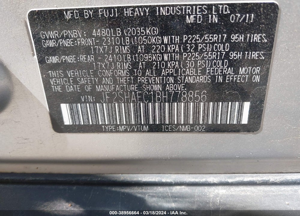 2011 SUBARU FORESTER 2.5X LIMITED VIN: JF2SHAEC1BH778856