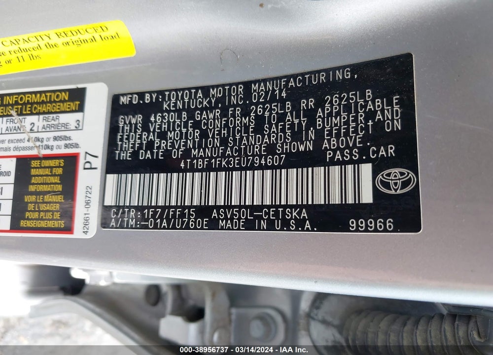 2014 TOYOTA CAMRY SE VIN: 4T1BF1FK3EU794607