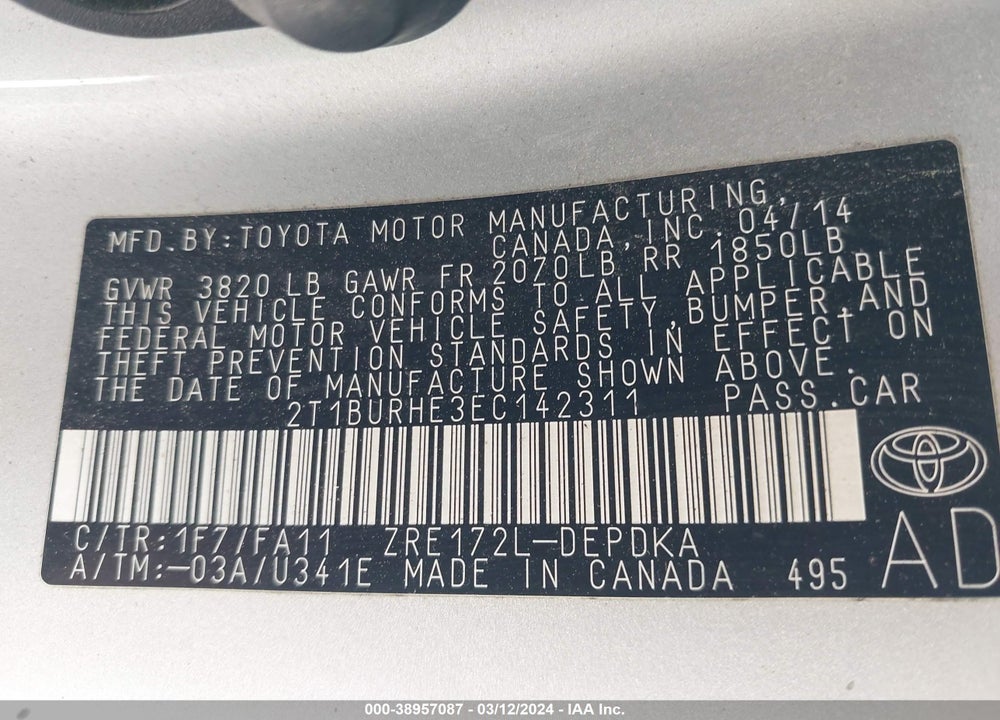 2014 TOYOTA COROLLA L VIN: 2T1BURHE3EC142311