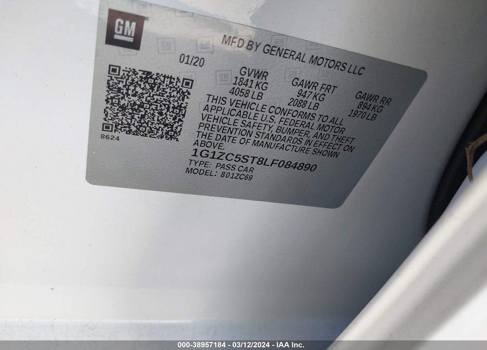 2020 CHEVROLET MALIBU FWD 1FL VIN: 1G1ZC5ST8LF084890