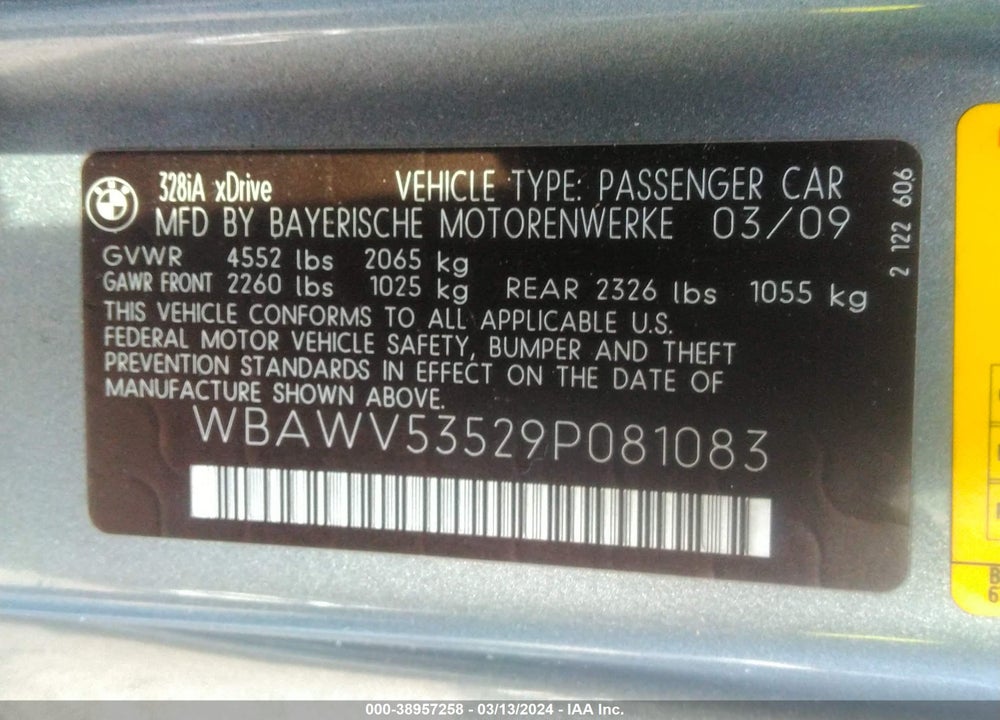 2009 BMW 328I XDRIVE VIN: WBAWV53529P081083